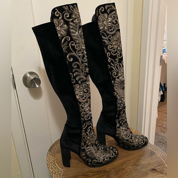 Stuart Weitzman Alljill Sequin Velvet 5050 Knee High Heeled go-go Boot noir - Picture 3 of 17